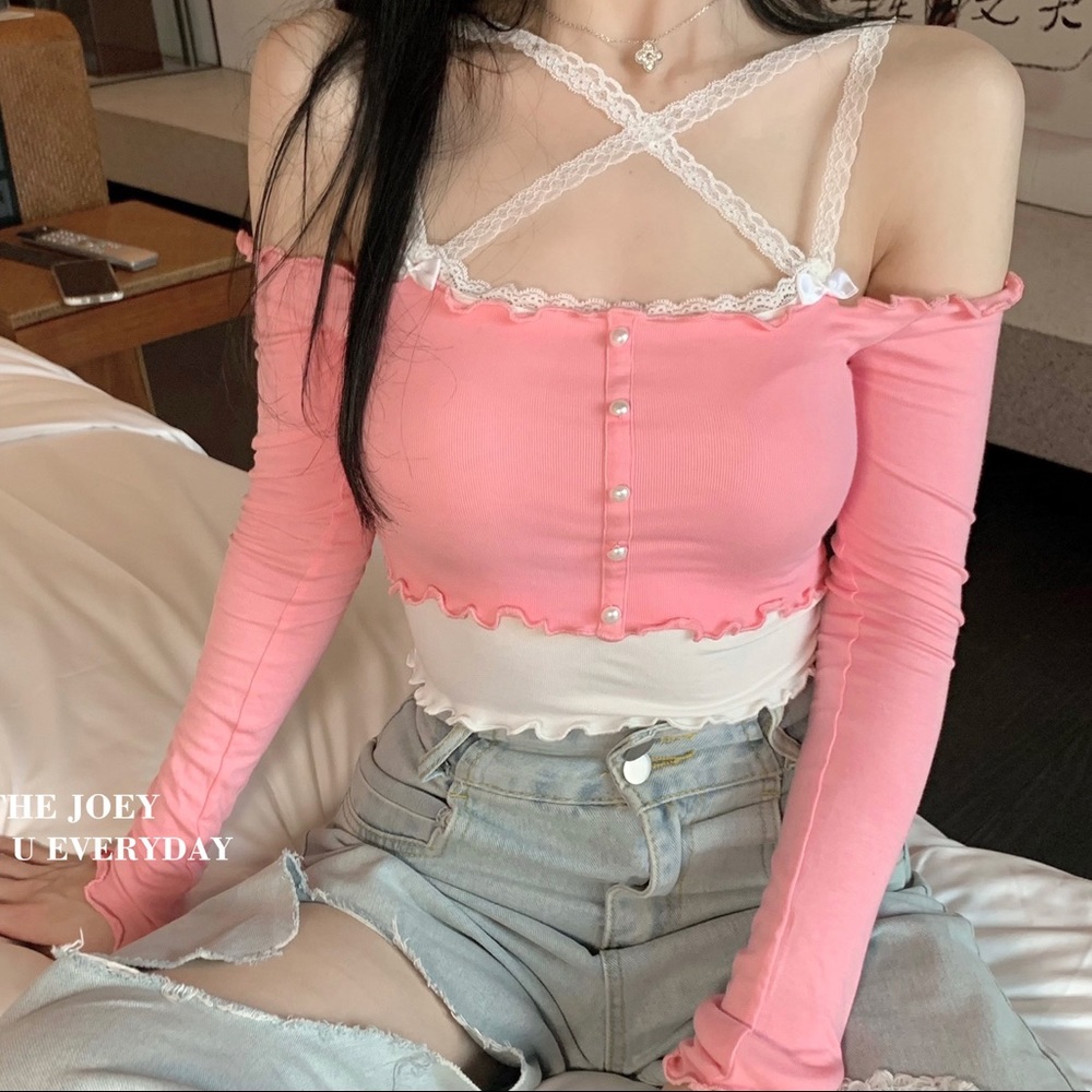 E-girl Y2K Pastel Coral Pink White Lace Off Shoulder Blouse Shirt Crop Top
